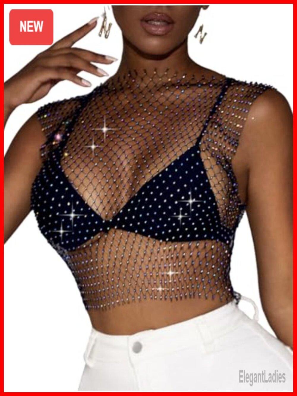ChiaoLezhee Iridescent Rhinestone Crop Top, Rave Concert Festival Outfits